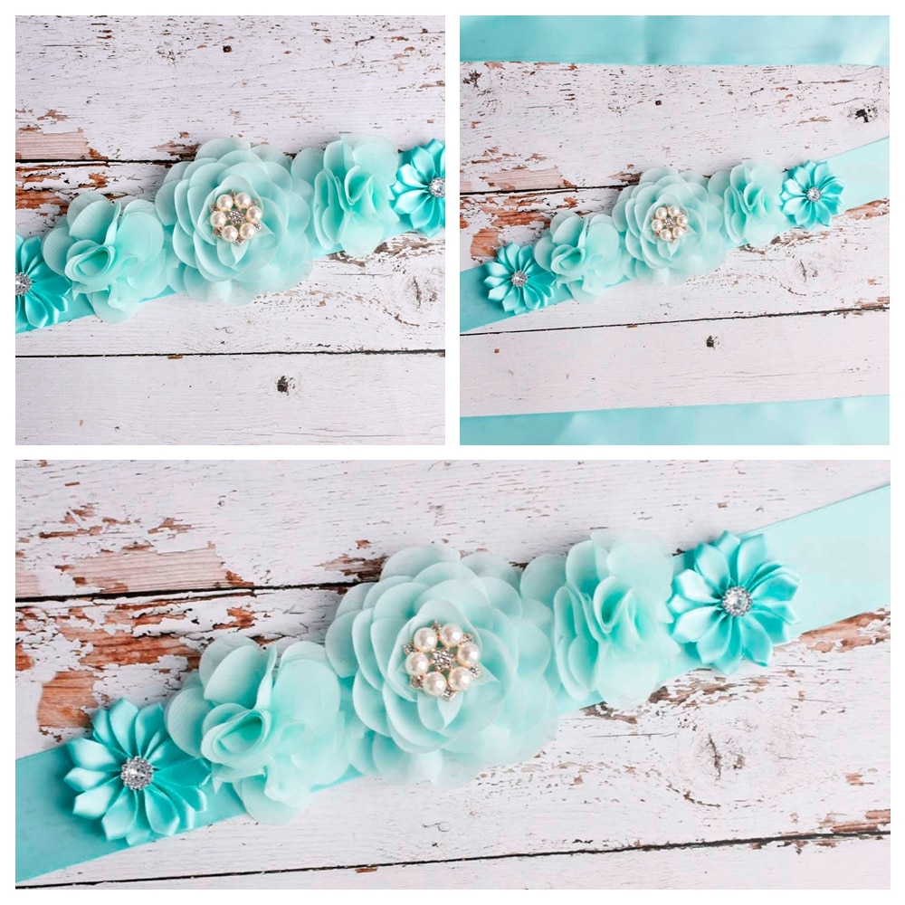 Solid Color Handmade Flower Maternity Sash Shining Pearls Rhinestone Floral Belt Holiday or Anniversary Gifts Dress Ornaments