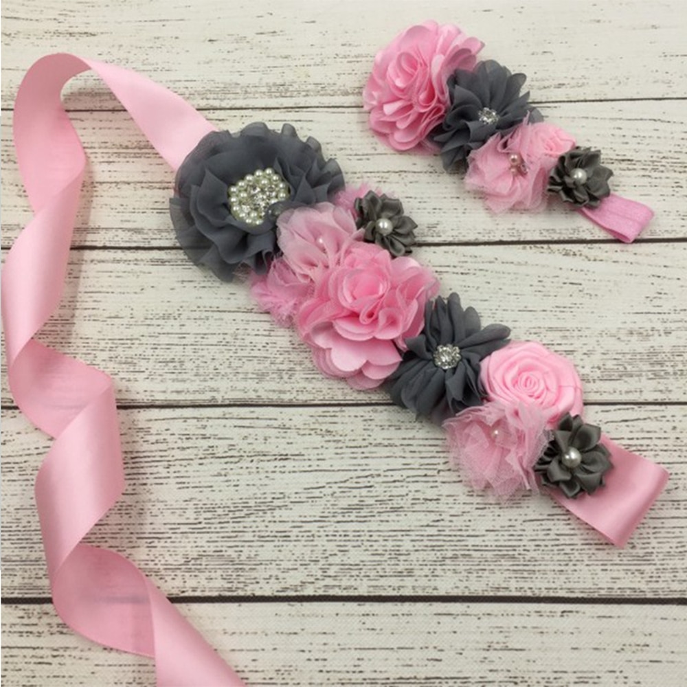 Fashion Pearls Chiffon Flowers Sash and Hairband Set Handmade Fabric Floral Women Waistband DIY Accessories Holiday Decoration