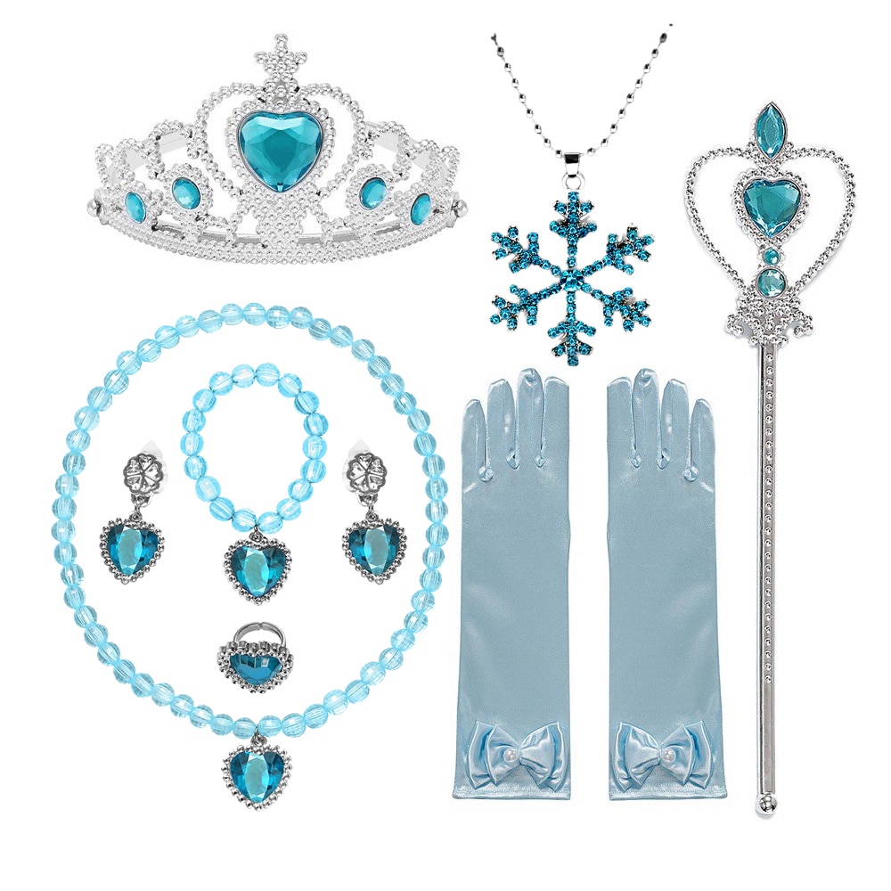 Pretty Elsa Accessories for Girls Necklace Earrings Gloves Wand Crown Jewelry Dress Up for Princess Casual Dresses Accessories