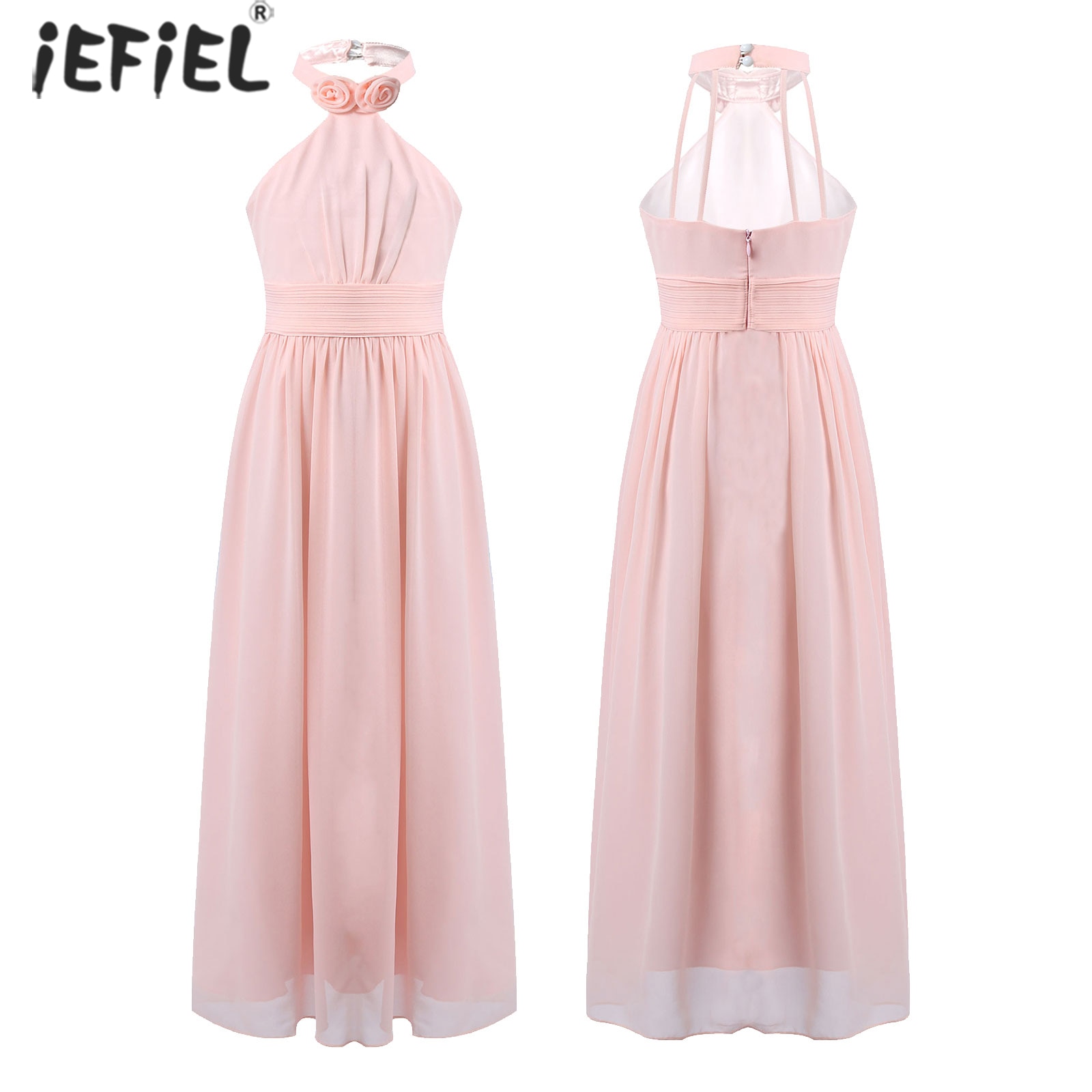 Chiffon Flower Girls Dress Floor-Length Sleeveless Wedding Party Dress Halter Flower Girl Princess Pageant Tulle Mesh Dresses