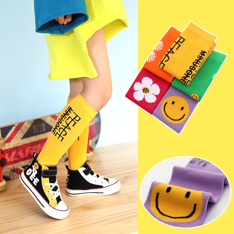 Spring baby girls over Knee High Socks Cute big smiley long socks kids fashion letters daisy Flowers child infant fashion socks