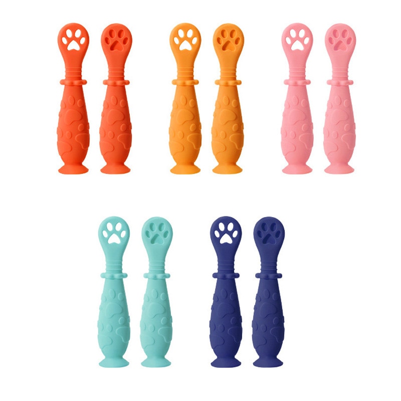 2 Pcs/Set Newborn Baby Spoon Set Children Tableware Soft Silicone Spoons Teether Anti-Slip Infant Feeding Utensils Free Shipping