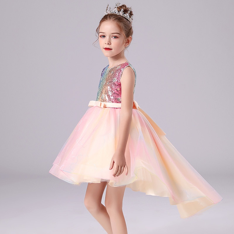 Kids Dress For 4-12 Girls Sequine Bridesmaid Wedding Party Tailing Elegant Princess Sleeveless Children Tutu Dresses