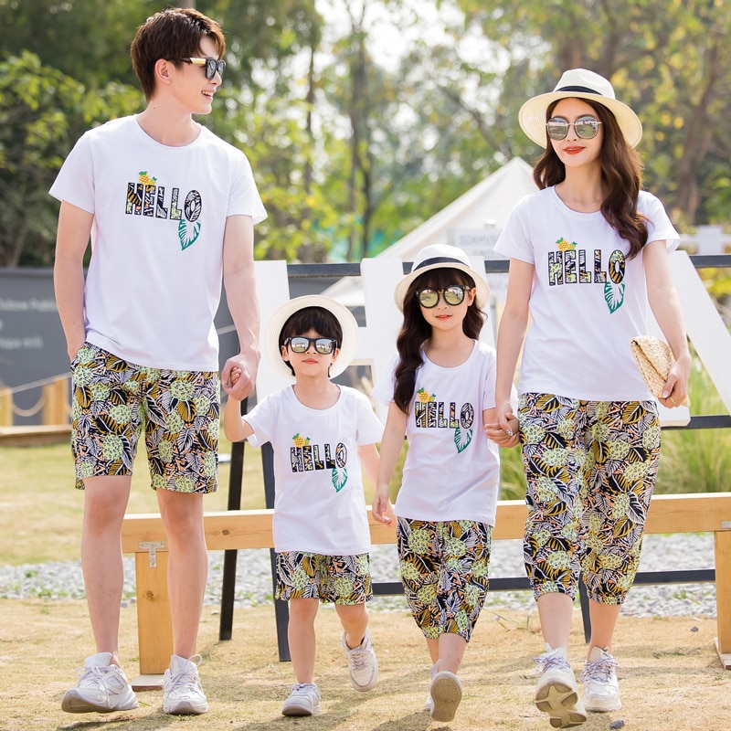 2021 Family Matching Outfits Clothes Parent-child Clothing Parent-kids T-shirt Shorts Girls Skirt Boy Sportsuit Travel Suits