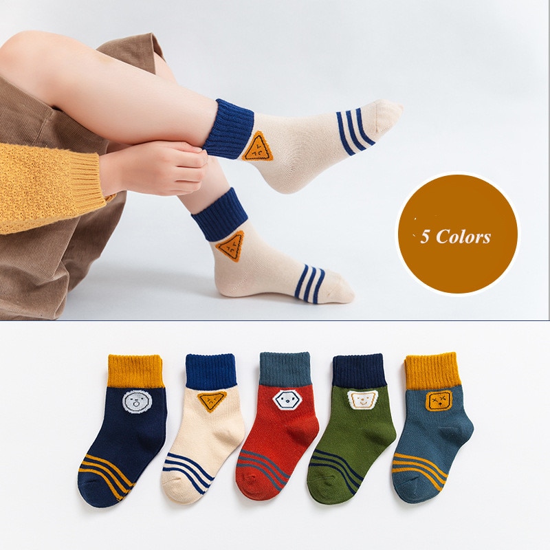 5 Pair/Lot Kids Soft Cotton Socks Boy Girl Baby Cute Cartoon Warm Stripe Sport Sock For Spring Summer Autumn Winter Children