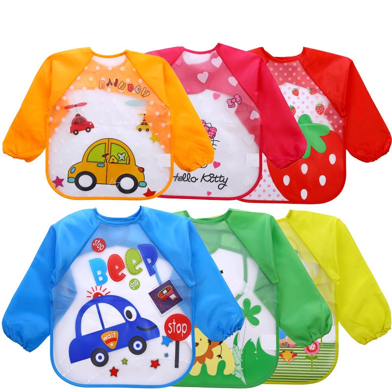 Baby Kids Toddler Long Sleeve Scarf Waterproof Art Smock Feeding Bib Apron Pocket Infant Boys Girls Burp Cloth Banana Bibs