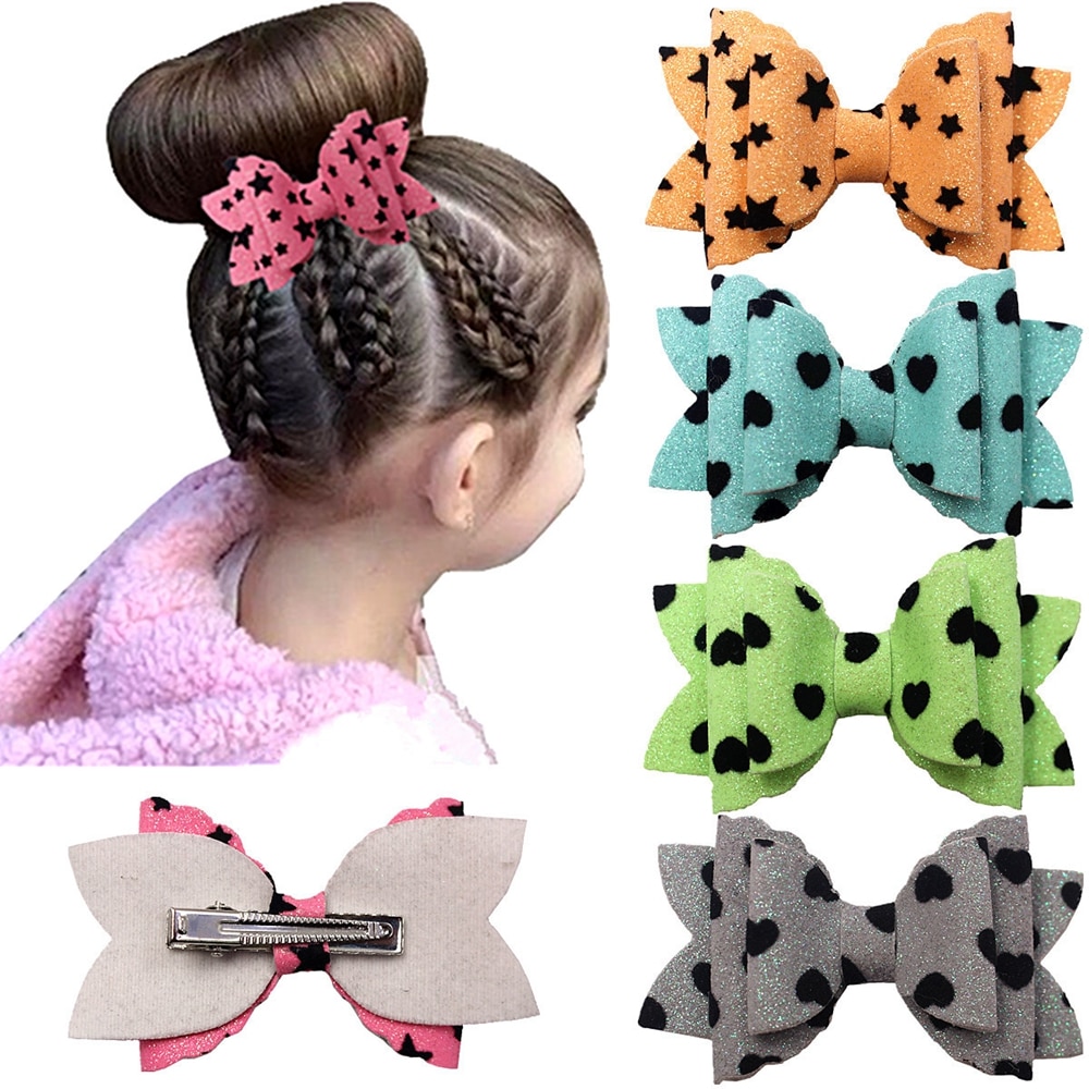 3.5 Inches Shining Three Layers Bowknot Children Duckbill Clips Cute Heart-shaped Pattern Bows Hairpins Kids Hair Accessories