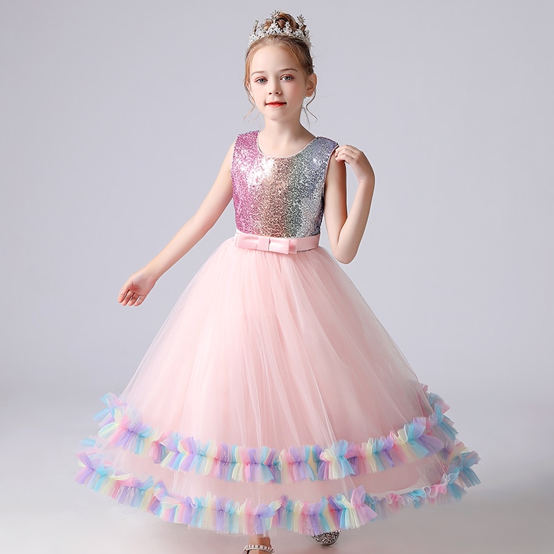 Girls Clothes Wedding Frock Gown Sequined Stitching Cake Mesh Skirt Flower Princess Summer Kids Tutu Dress