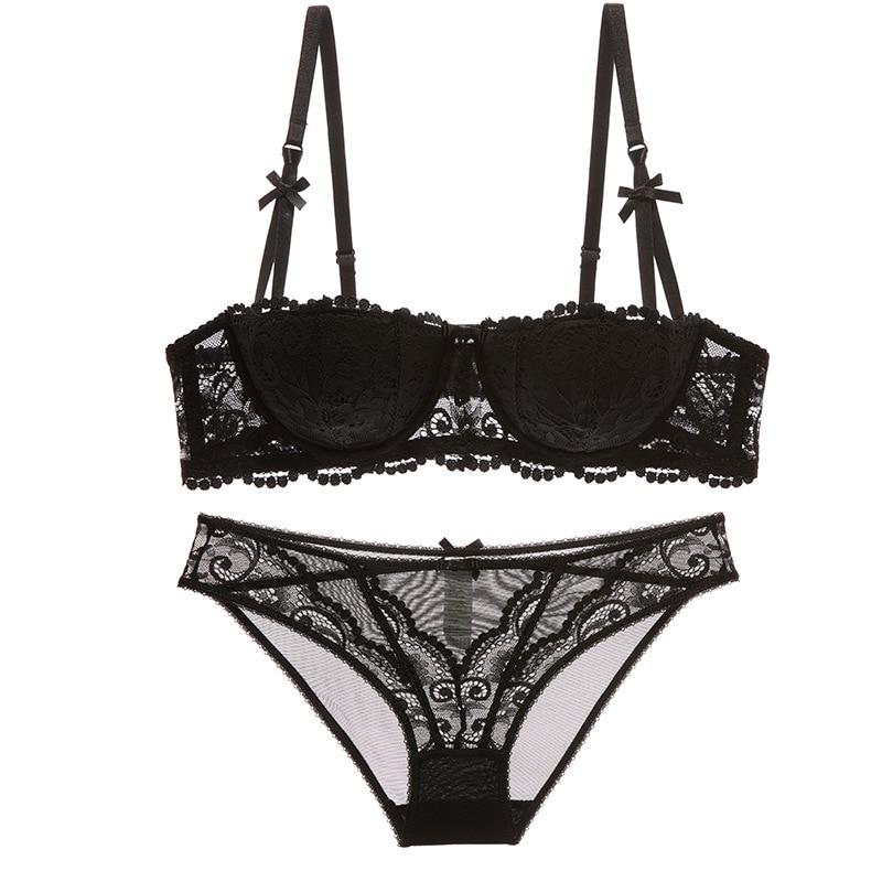 New Women's Underwear Sexy Black Lace Small Breast 1/2 Half Cup Thin transparent Bra Set bra and panty set ultra thin bra