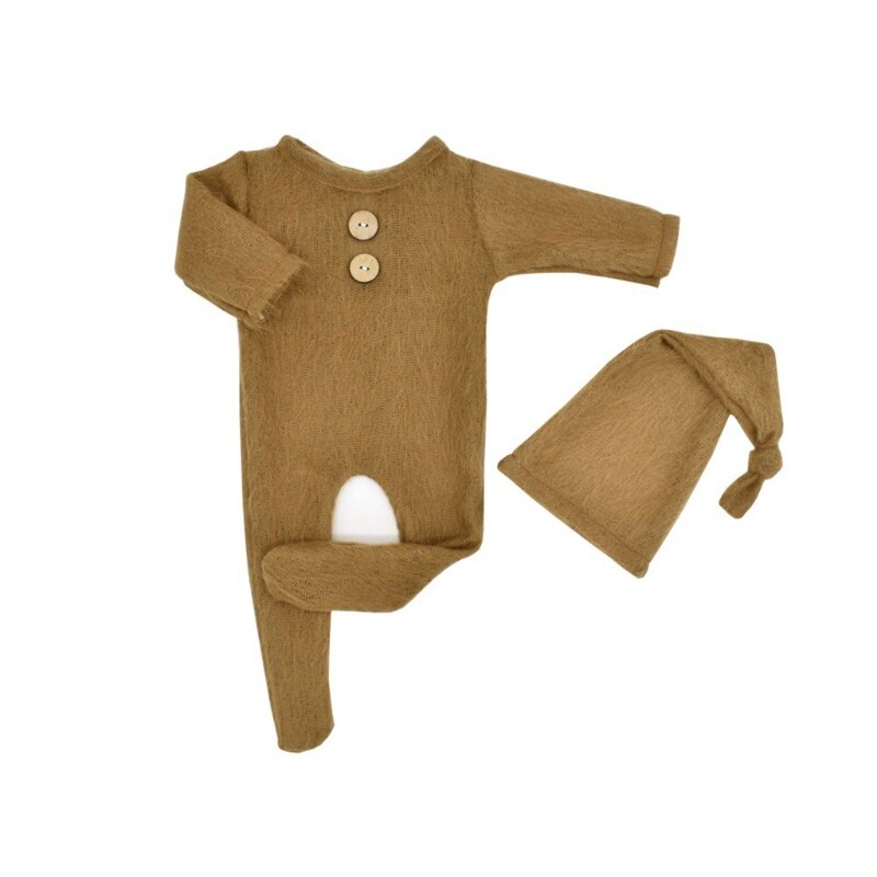 2 Pcs Mohair Baby Romper Hat Set Newborn Photography Props Knitted Wool Bodysuit P31B