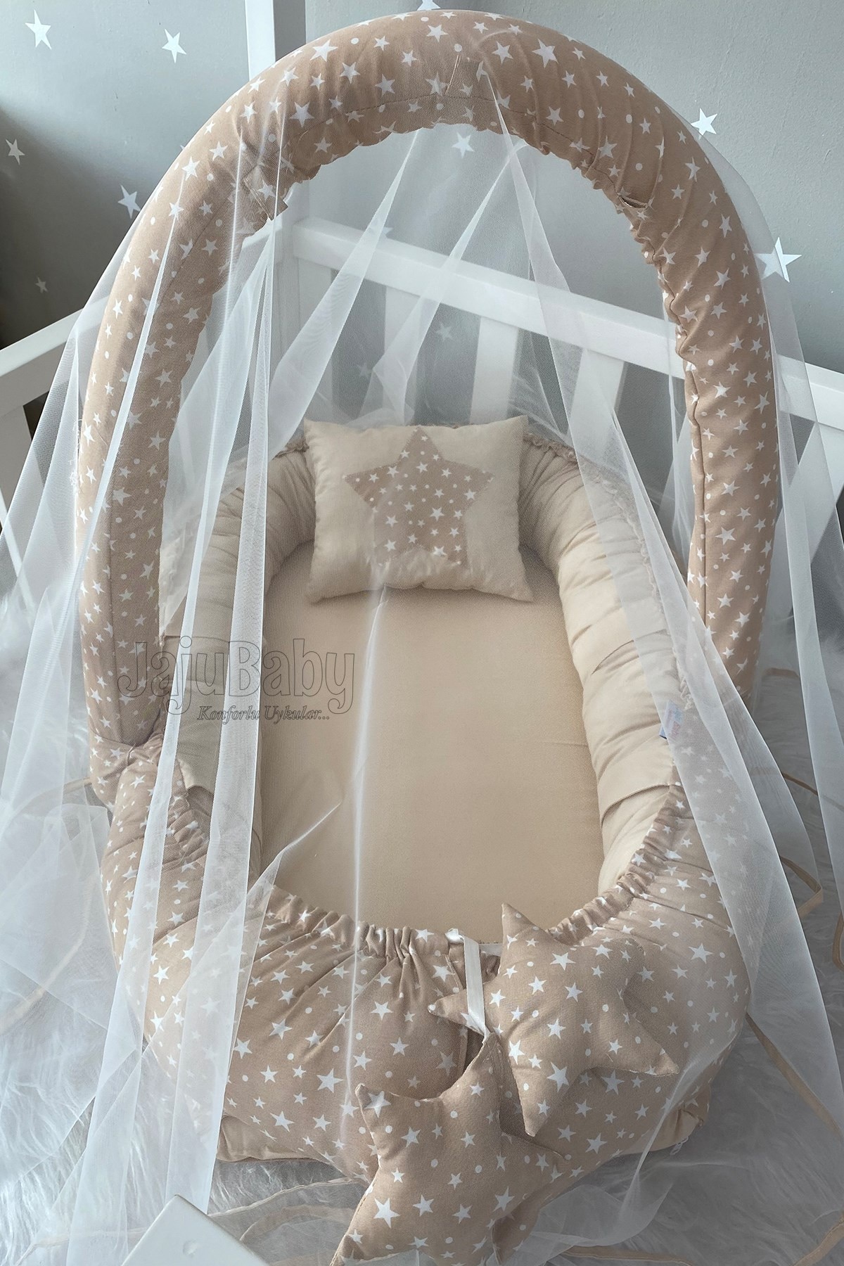 Jaju Baby Handmade Coffee Star Pattern withMosquito Net and Toy Apparatus Luxury Design Babynest Mother Side Portable Baby Bed