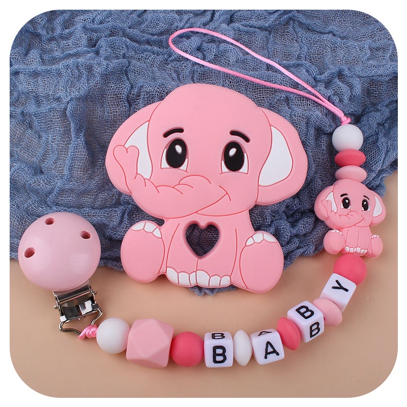 Customized Name Newborn Infant Baby Pacifier Clips Chain Elephant Silicone Beads Teether Toy Dummy Holder Baby Pacifier Chain