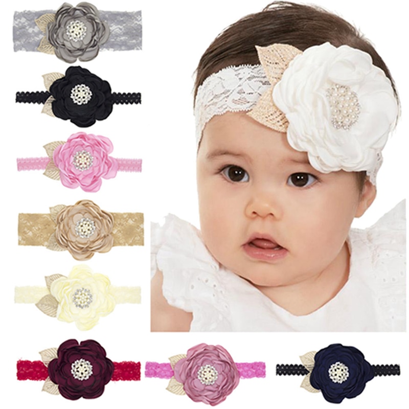 1 PCS Solid Color Chiffon Flower Leaves Toddler Lace Elastic Hairband Shining Pearls Rhinestone Floral Headband Kids Accessories