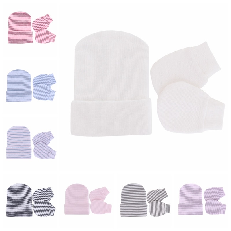 Newborn Comfortable Warm Knitted Hat and Glove Set Fashion Striped Infant Caps Baby Anti-Grab Face Protect Mitten Kids Headwear