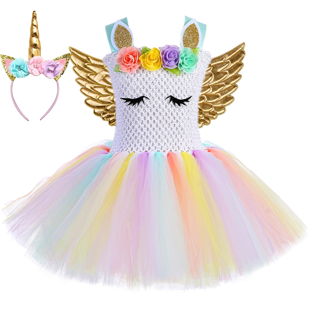 Girls Unicorn Tutu Dress Outfit Birthday Party Flowers Tulle Kids Princess Dress Girl Holiday Halloween Cosplay Unicorn Costume