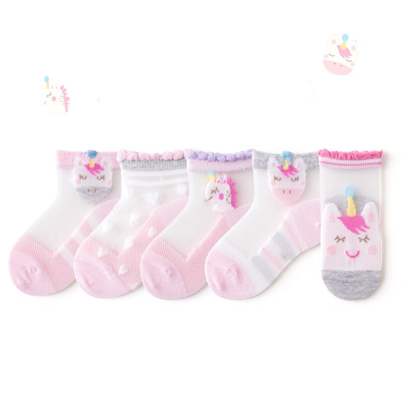 5 Pairs Lot Children Summer Short Socks With Animal Print Baby Toddler Girls Boys Cotton Mesh Cute Unicorn Happy Invisible Sock