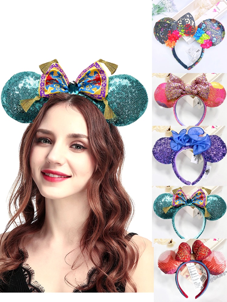 Mickey Hair Bow Aladdin Movie Magic Carpet Headband Jasmine Disneyland Cartoon Tassel Mint Green Gem Headwear Decoration Gift
