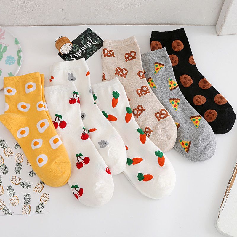 Anewmorn Combed Cotton Socks Autumn Winter Cute Poached Egg Cherry Cartoons Breathable Women's Socks Ins Trendy Fruit Casua