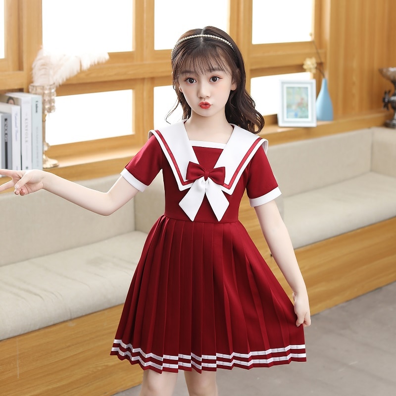 Girls Lolita Dress College Sailo Style Bow Causal Wedding Party Frock Costume Princess Flower Girls Dress Kids Tutu Dress