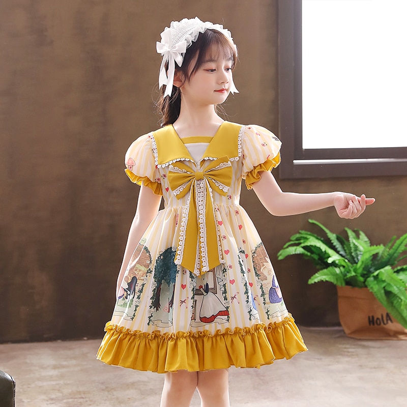 Girls Dress Sailo Style Lolita Bow Causal Wedding Party Frock Costume Princess Flower Girls Dress Kids Tutu Dress