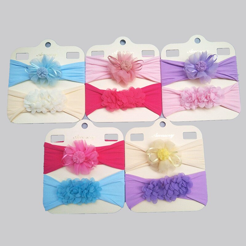 2pcs/set Toddler Soft Comfortable Elastic Nylon Hairband Solid Color Chiffon Flower Newborn Headband Kid Accessories Photo Props
