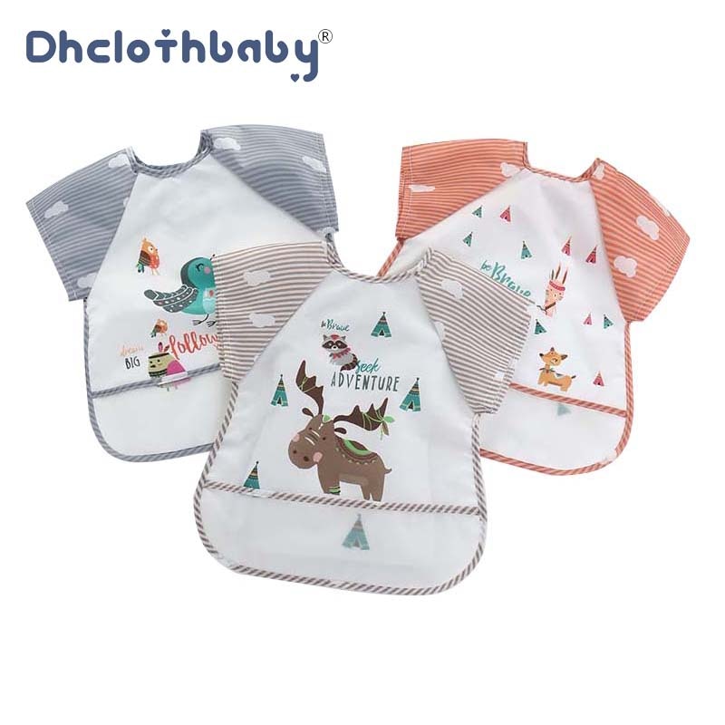Washable Polyester Short Sleeve Baby Apron Waterproof Bibs Painting Eating Dining Playing Clothes Wearing