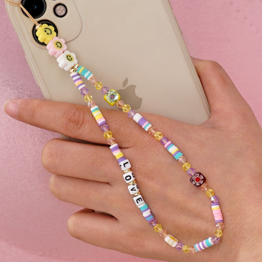 Shinus Phone Chain Lanyard Beads Mobile Phone Heishi Disc Crystal Beaded Cell Phone Chains 2021 LOVE Letter String Wristband