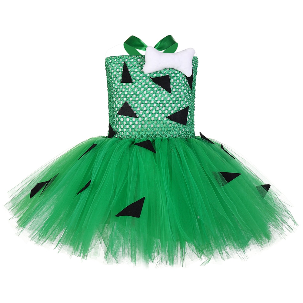 Green Pebbles Tutu Dress Cosplay Costumes for Party Girls Kids Halloween Costume Children Christmas Dresses Flintstones Bone