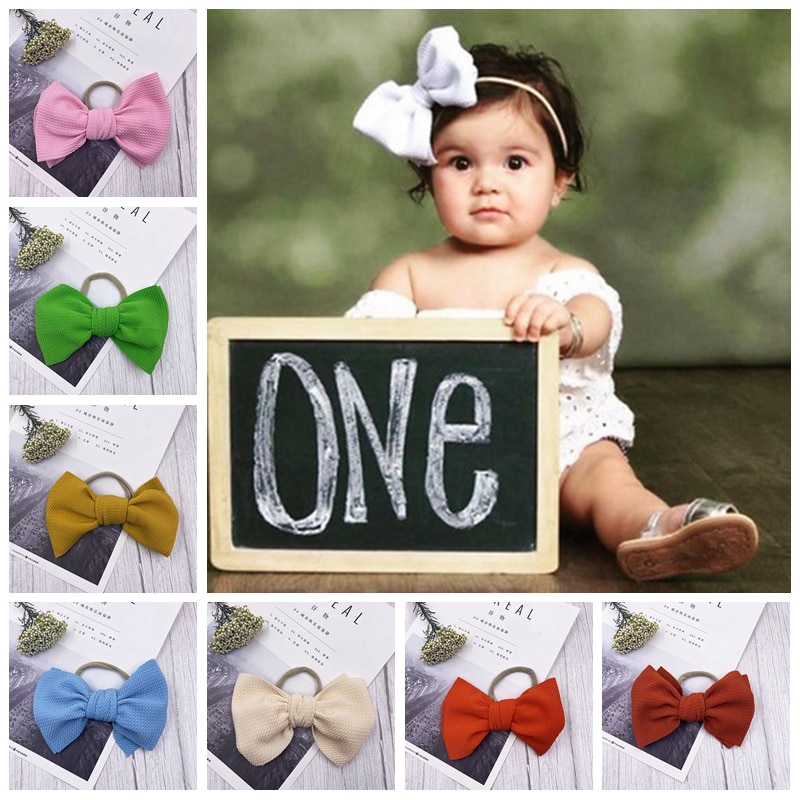 13 CM Newborn Solid Color Bowknot Elastic Nylon Headband Fashion Handmade Knotted Baby Hairband Kids Headwear Photography Props