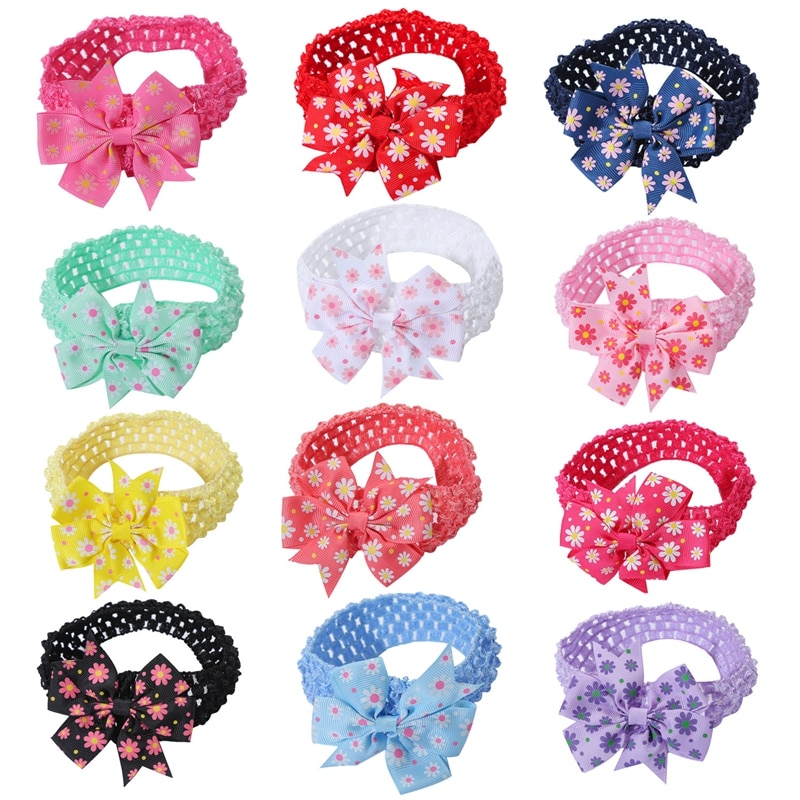 Fashion Little Daisy Print Dovetail Bowknot Baby Headband Cute Flowers Pattern Bows Knitting Hairband DIY Clothing Decoration