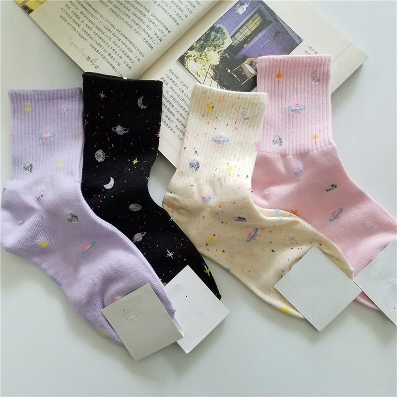 Harajuku Planet Point Yarn Funny Socks Japanese Moon Stars Socks Women Warm Cute Novelty Femme Meias Calcetines Mujer Divertidos