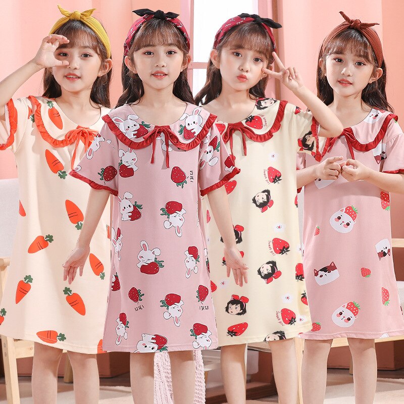 Retail 4-12T Short Sleeves Cotton Sleeping Dress Children's Clothing Home Wear Nightdress Girl Kids Pajamas Summer Sleepski