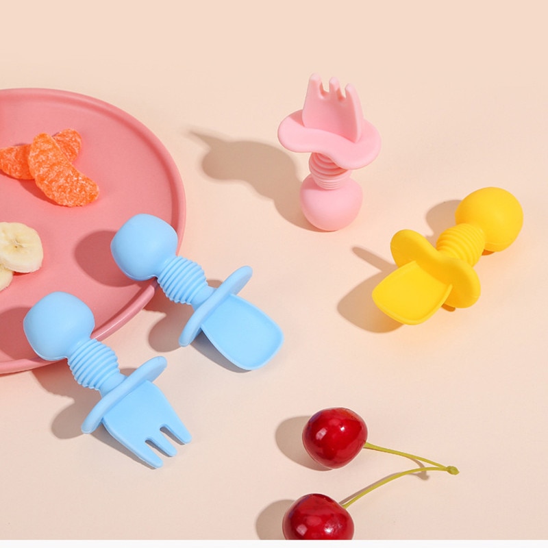 Baby Fork and Spoon Set Silicone Chewtensils Self Feeding Training Utensil Easy Grip Toddler Cutlery Kit BPA Free for Infants