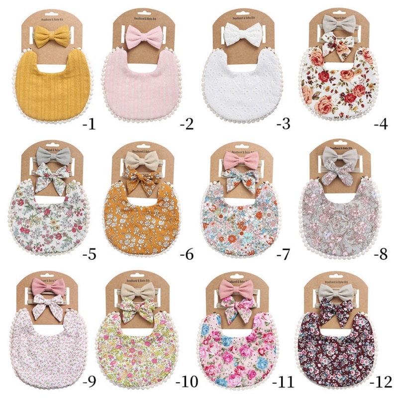Baby Headbands+Tassel Saliva Towel Floral Print Bibs Burp Cloths Smock Hair Band GXMB
