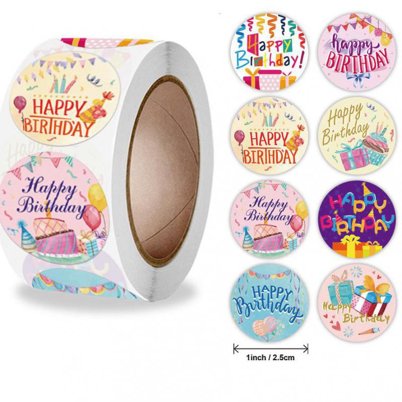 500pcs Watercolor Happy Birthday Stickers, Round Adhesive Decorative Sealing Labels for Birthday Gift Bag Card Envelopes,Mailers