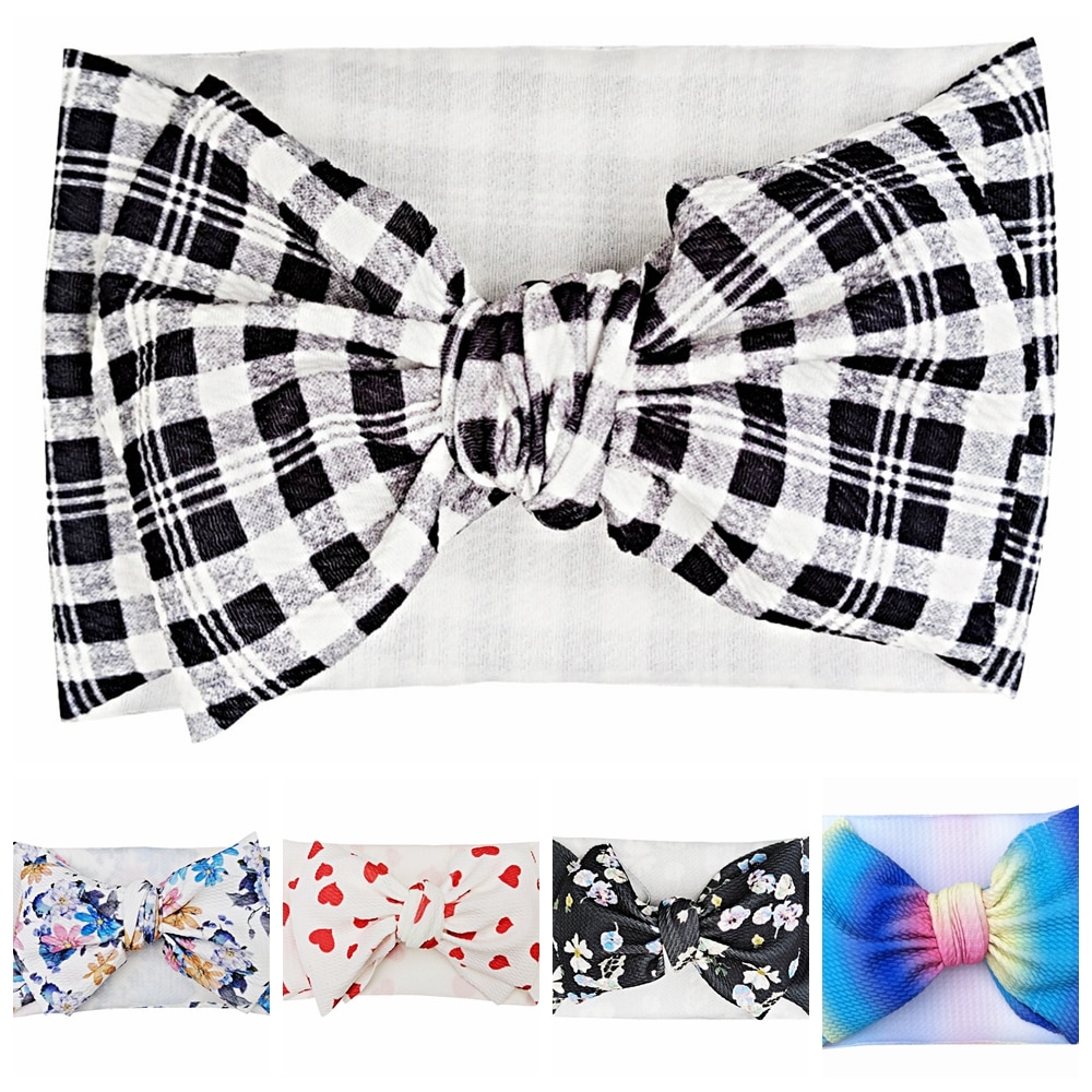 Fashion Dots Bowknot Children Elastic Headband Cute Plaids Print Bows Toddler Hairband DIY Baby Girls Headwear Photography Props