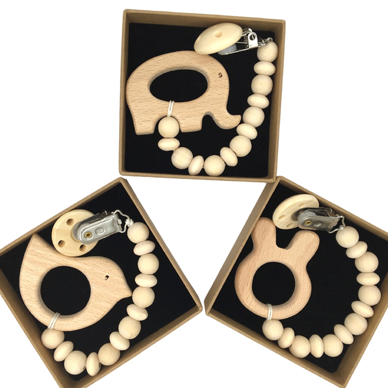 Baby Teether Organic Wooden Animal Teether Natural Teething Grasping Toy Silicone Bead Toddler Teether Newborn DIY Baby Gift