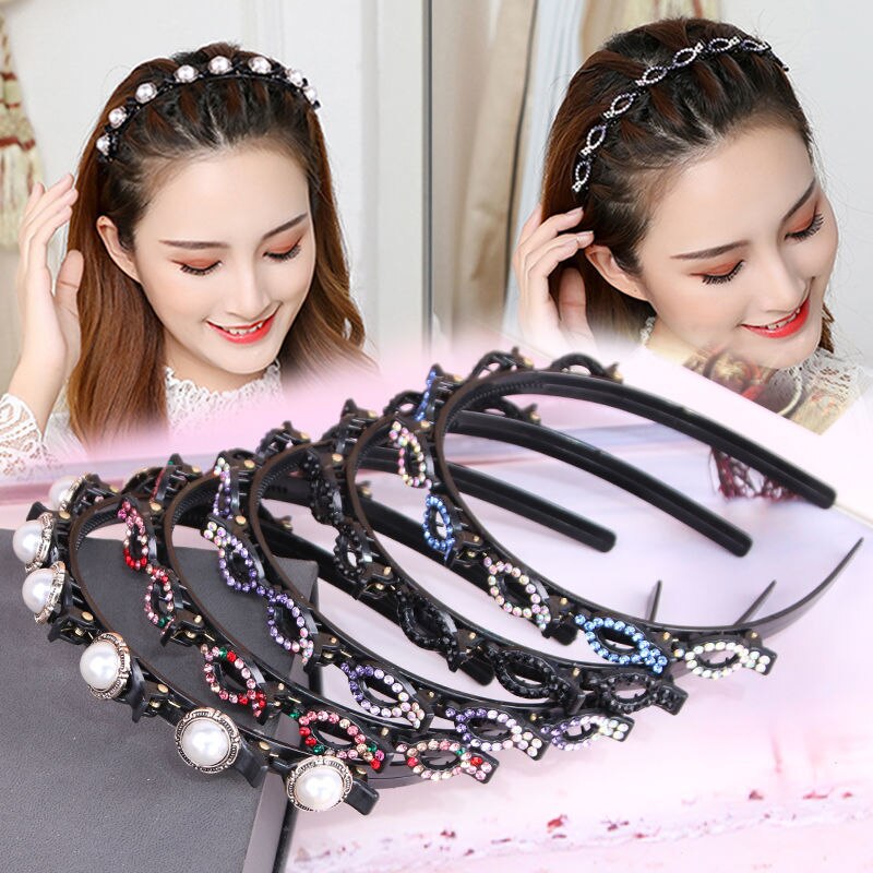 Double Layer Hair Bands Handmade Pearl Clip Non-Slip Hair Hoop Fashion Plastic Braided Hairstyle Hairpin Headband Women Headwear