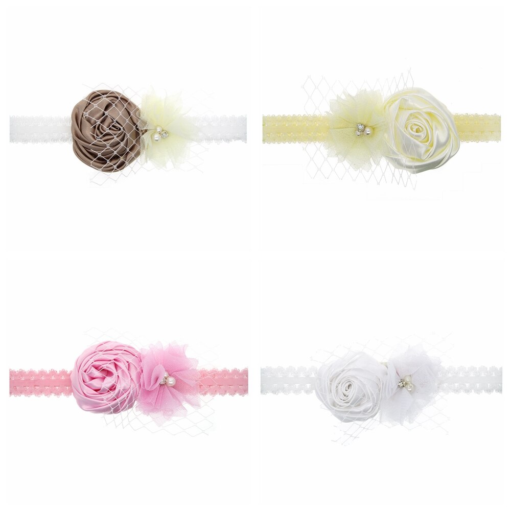 Hand Sewn Rhinestone Beads Flowers Toddler Elastic Hairband Solid Color Lace Headband Cute Rose Floral Headwear Birthday Gifts