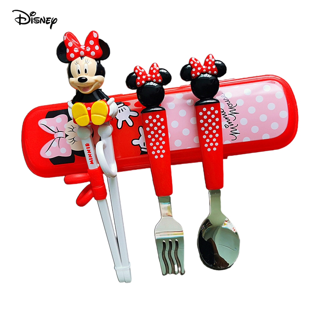 4pcs Set Disney Kids 3D Cartoon Training Chopsticks Baby Learning Practice Chopsticks Baby Auxiliary Spoon Fork Cutlery Set