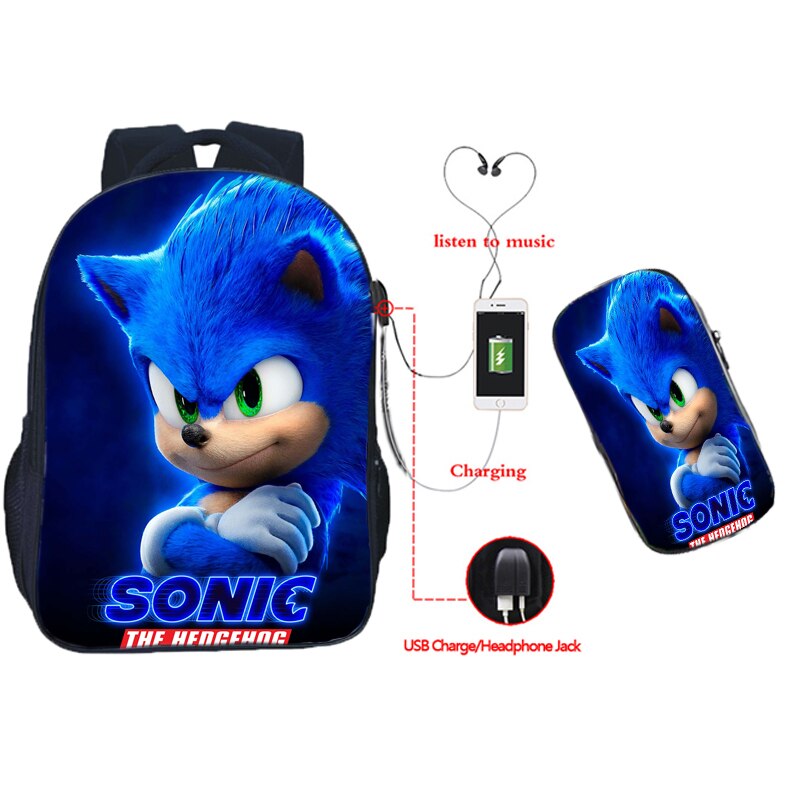 Sonic USB Charge Backpack 2pcs Set/ Student Book Bag Kids Girls Boy School Bag with Pen Case Teens Children Knapsack