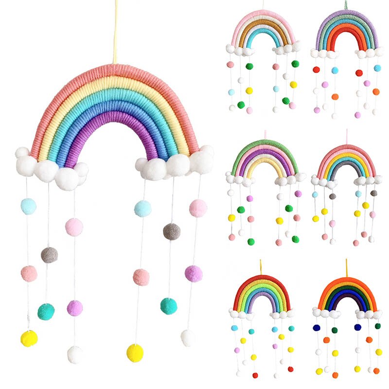 1Pcs Cute Cartoon Rainbow Cloud Hand Woven Decoration with Felt Ball Creative Nordic Style Wool/Cotton Rainbow Photography Props