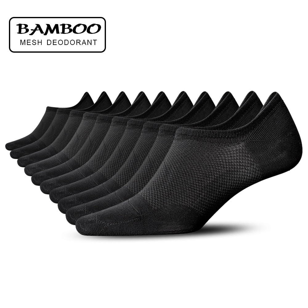 10 Pairs Quality Bamboo Fiber Man Short Socks Summer Thin Mesh Breathable Deodorant Men's Silica Gel Invisible Socks Black 