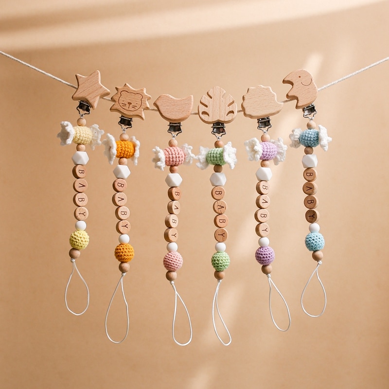 Baby Pacifier Clip 1PC Wooden INS Wind Pacifier Chain Multicolor Hand-clamped Pacifier Nipple Bottle Clip Chain Kid Gift
