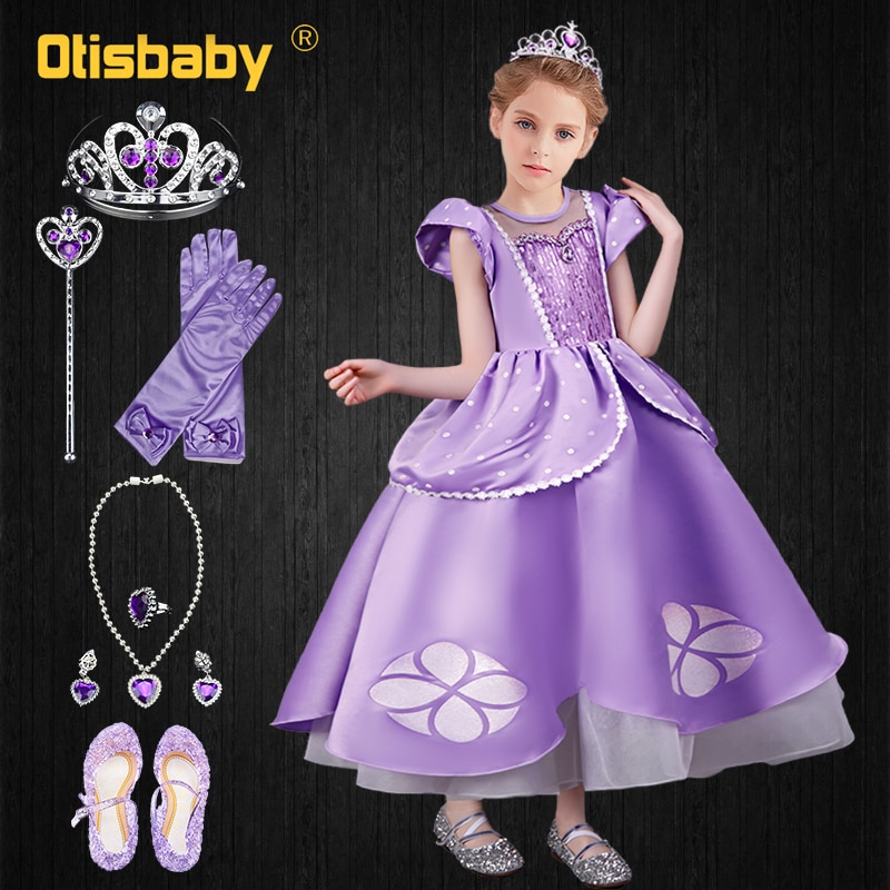 Elegant Girl Princess Puff Sleeve Sofia Dress Up Christmas Girls Sequined Ruffle Tulle Ball Gown Sophia Party Halloween Costume