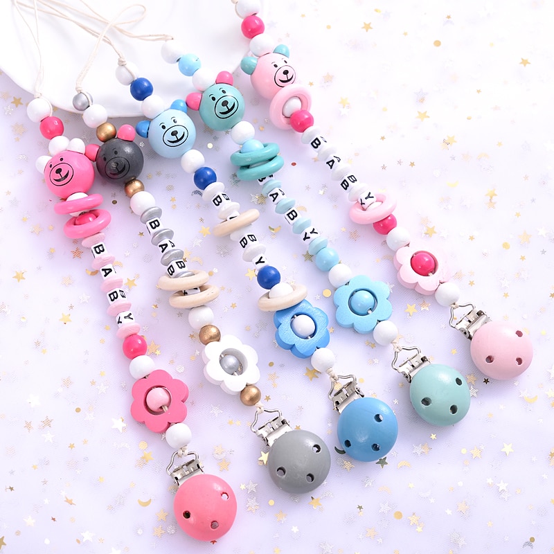New Personalized Handmade Pacifier Clips Holder Chain Baby Shower Gifts Teething Toy Wood Letter Chains