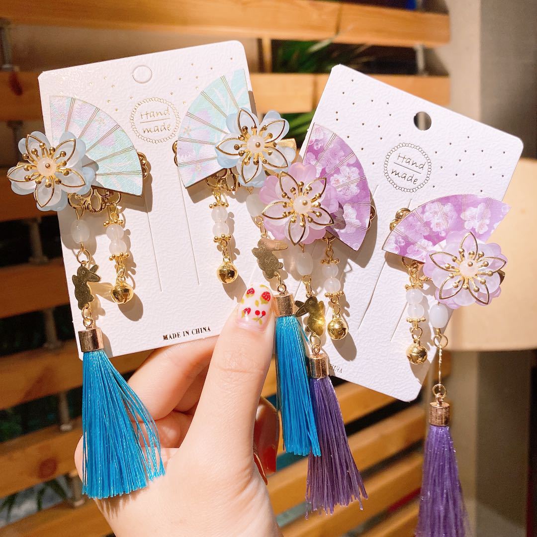 A pair of 2 children's ancient costume crystal embellishment headdress hairpin girl ancient style tassel ribbon pair clip
