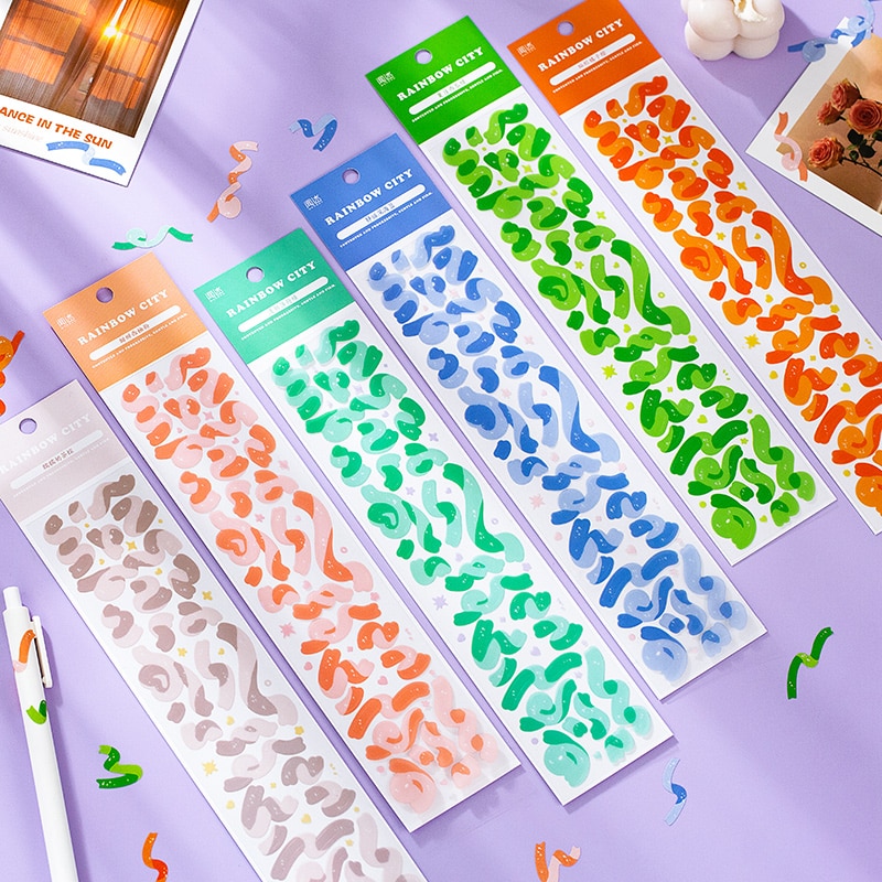 2 Sheets Cute Rainbow Ribon Bow PET Paper Decorative Adhesive Stickers Scrapbooking School Supplies