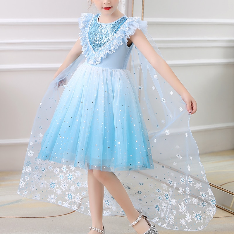Kids Dresses For Girls Frozen Sequined Mesh Cloak Clothes Tutu Ice Snow Princess Dress For Birthday Party
