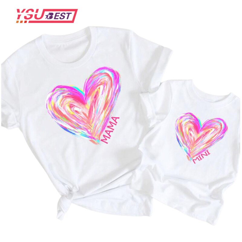 Painted Love Mother Daughter T-shirts Summer Family Matching Outfits Mom Baby Mommy and Mini Tee-shirt Clothes Woman Girls Top